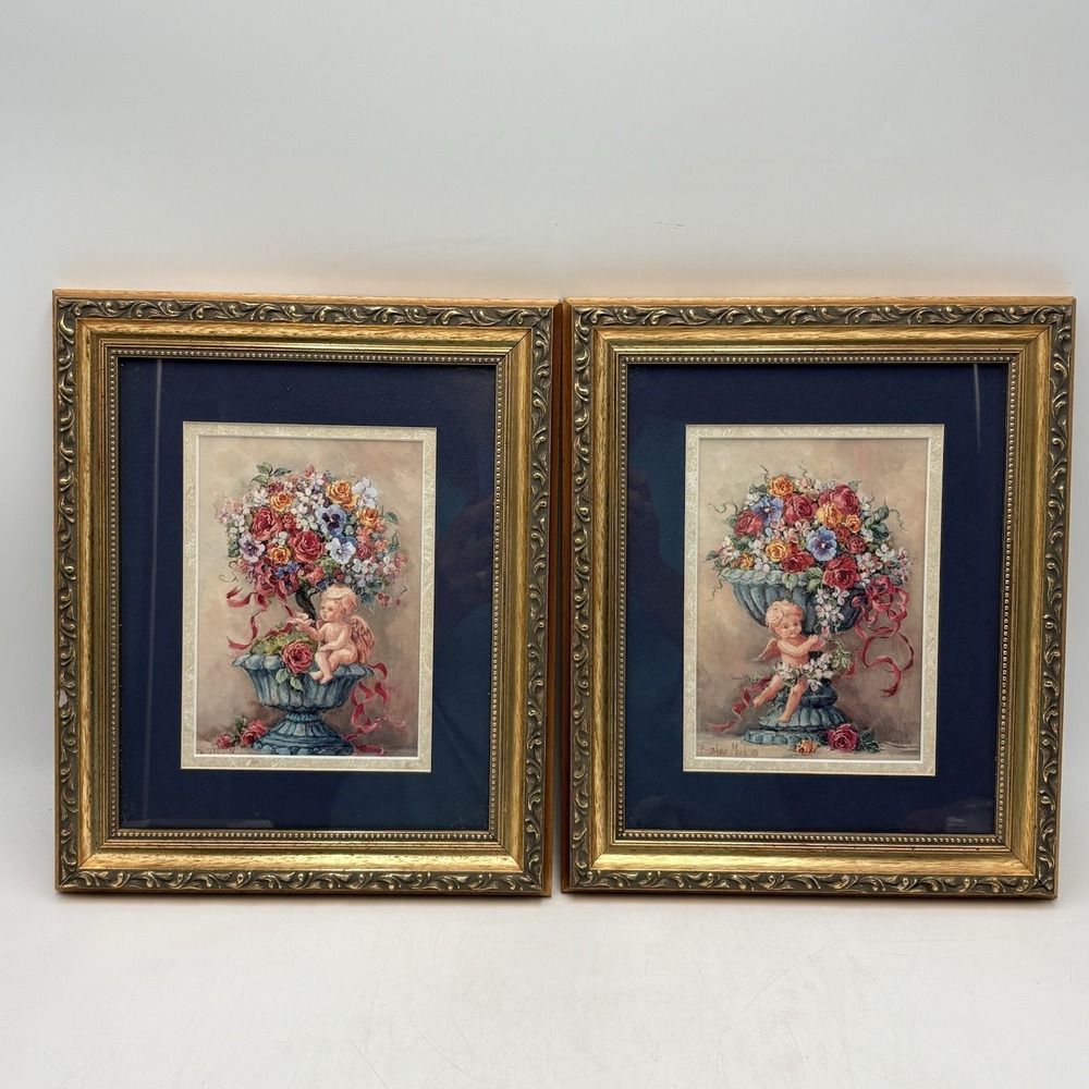 Pair Barbara Mock Cherub Floral Framed Prints Gold Frames Blue Mat 12x14